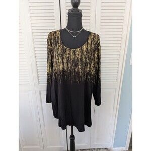 JM Collection Top Women's 2X Black Gold Metallic Rain Shimmer 3/4 Slv Tunic NEW